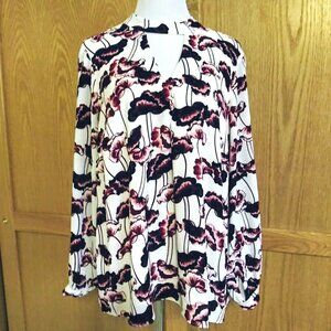 Carolina Belle Floral Blouse Plus 1X Keyhole Burgundy Cream Long Slv Stretch NWT